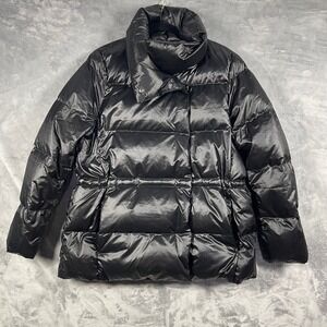 Lands' End Black Down Puffer Jacket Funnel Neck Asymmetrical Snap Womens L 14-16